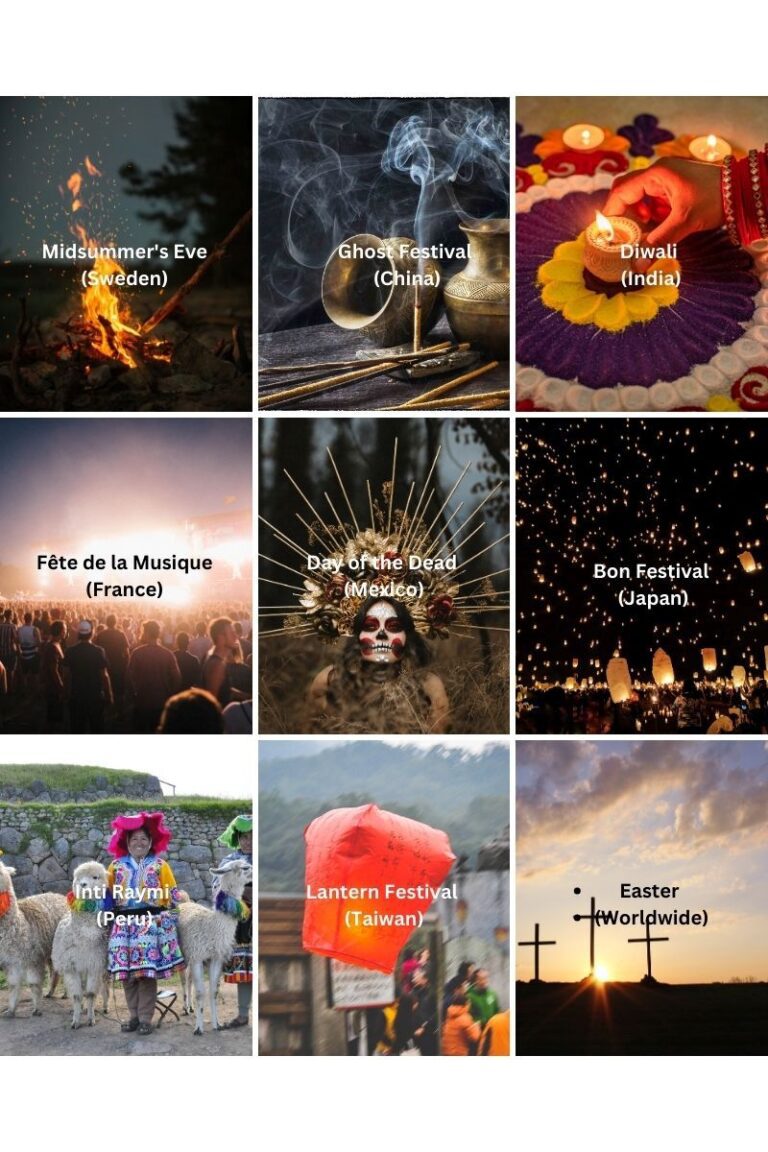 collage of metaphysical holidays around the world: mid-summer's eve, ghost festival, Diwali etc.