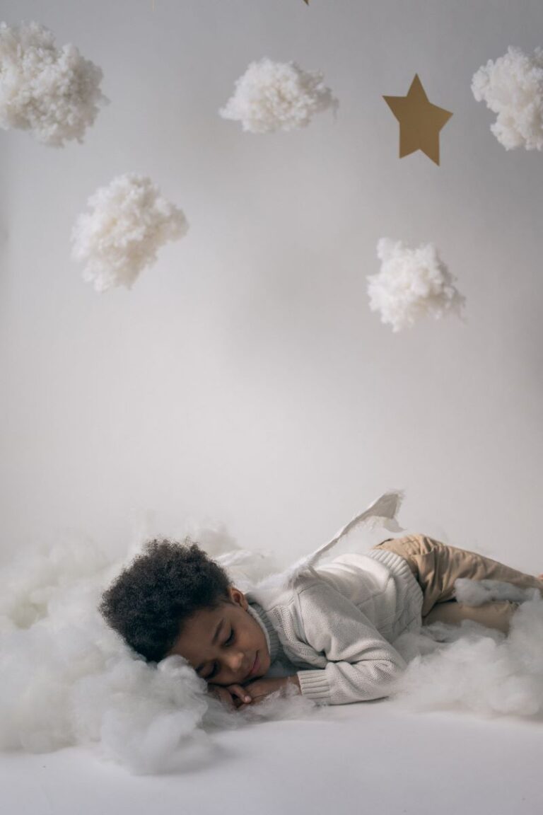 sleeping boy in a decorated studio