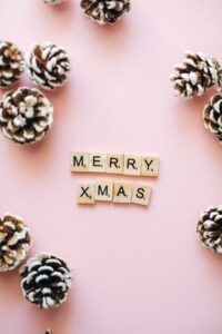merry xmas text on wooden scrabble tiles